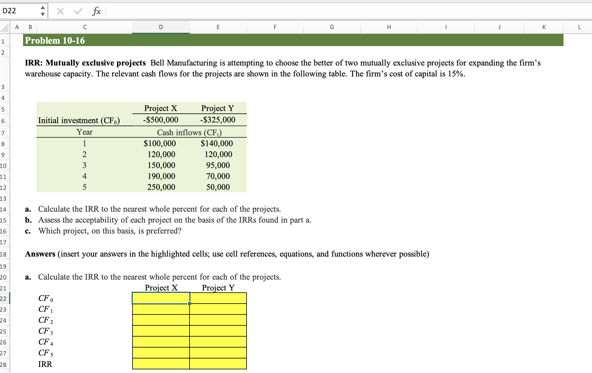 ****PLEASE ADD EXCEL EQUATIONS IN TOP YELLOW BOXES. BOX 1 STARS AT