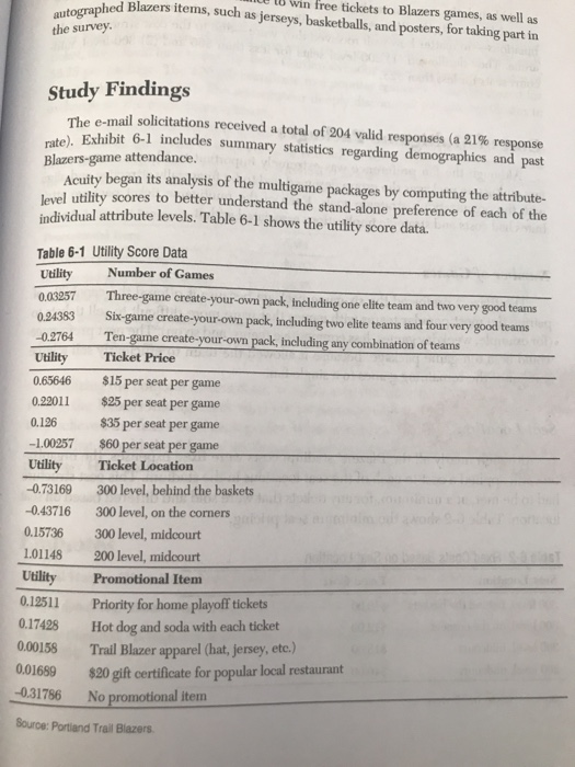  1. Based on the conjoint analysis results in Table 6-1 on