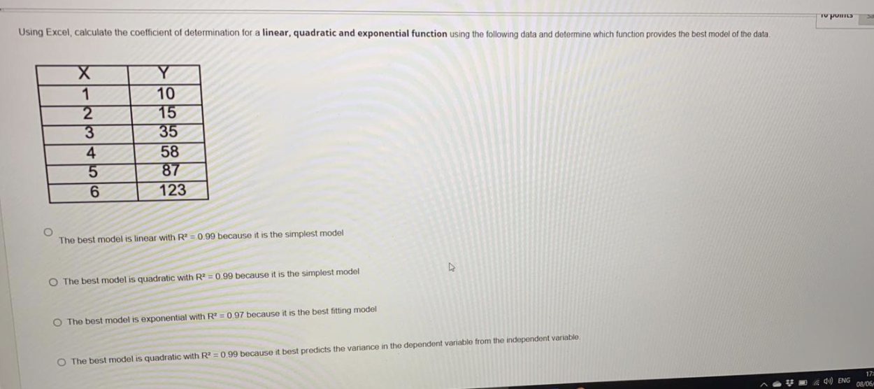  TU PUH Using Excel, calculate the coefficient of determination for a