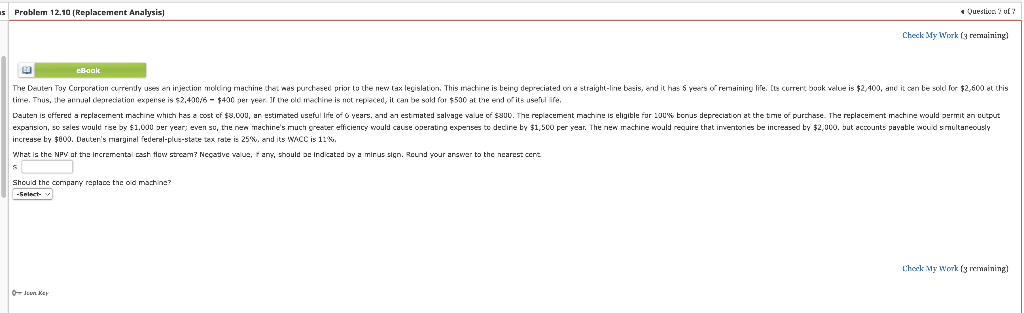  as Problem 12.10 (Replacement Analysis) Question ? Check My Work (3