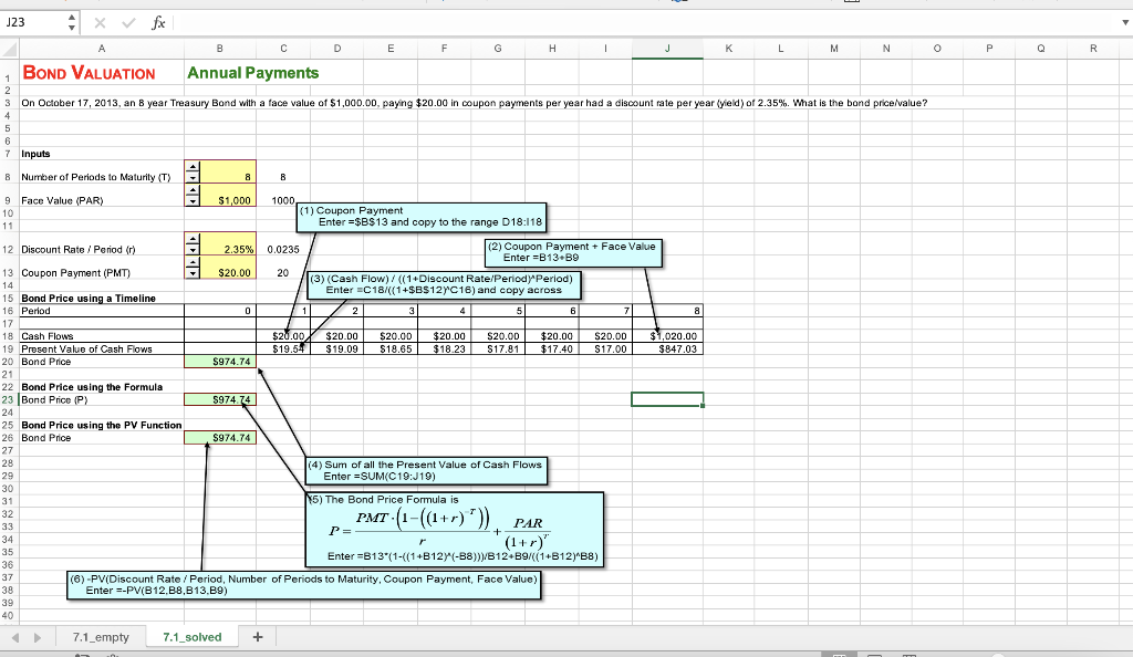 Excel work: A 15-year Treasury Bond with a face value of $1,000.00,