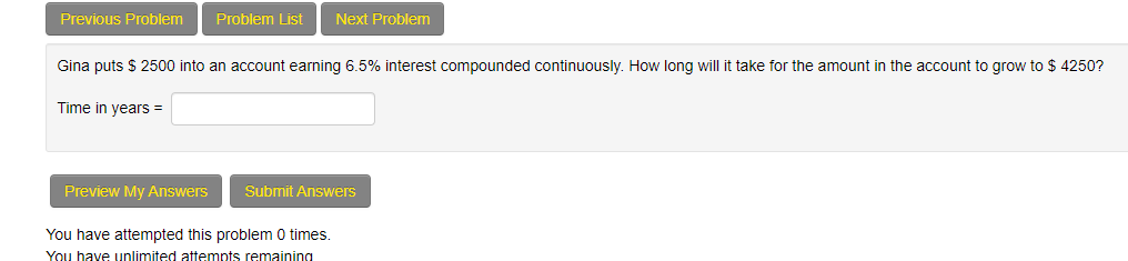  Previous Problem Problem List Next Problem Gina puts $ 2500 into