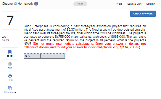  Chapter 10 Homework Saved Help Save & Exit Submit Check my