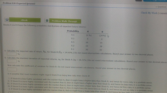  Problem 8.06 (Expected Returns) Question Check My Work (1 remai ebook