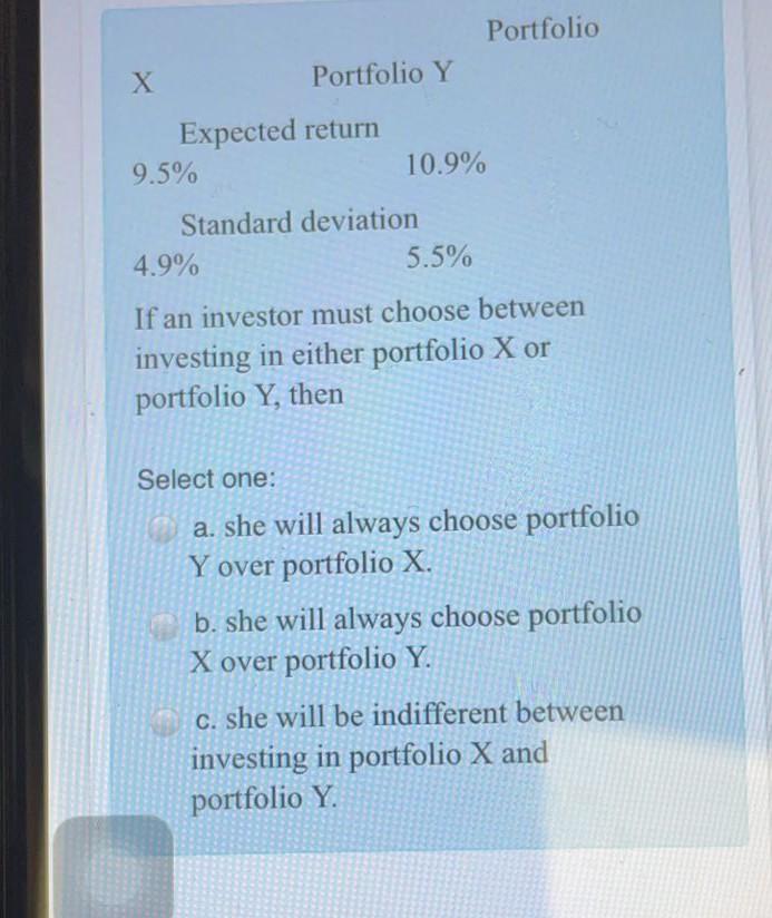 show working and answer ASAP Portfolio Portfolio Y Expected return 9.5% 10.9%