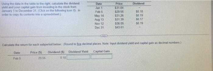  Dividend Using the data in the table to the right calculate