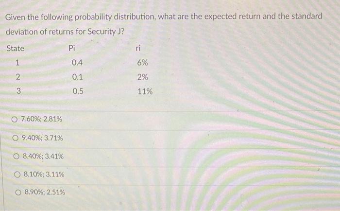  Given the following probability distribution, what are the expected return and