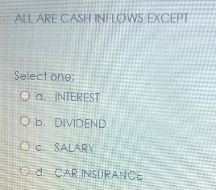  ALL ARE CASH INFLOWS EXCEPT Select one: O a. INTEREST O