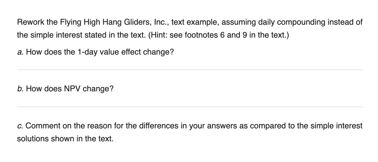 Rework the Flying High Hang Gliders, Inc., text example, assuming daily