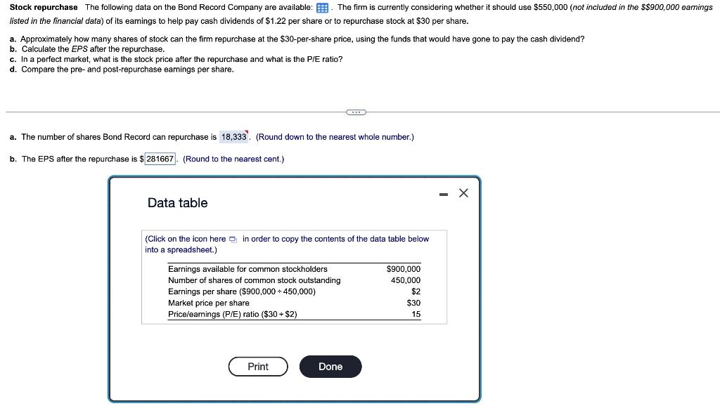 a-d please! part a and b are wrong Stock repurchase The