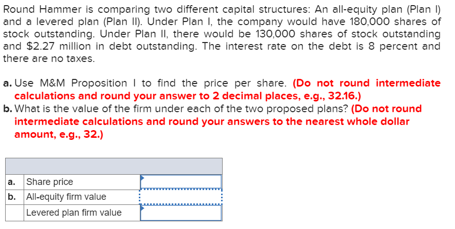  Round Hammer is comparing two different capital structures: An all-equity plan