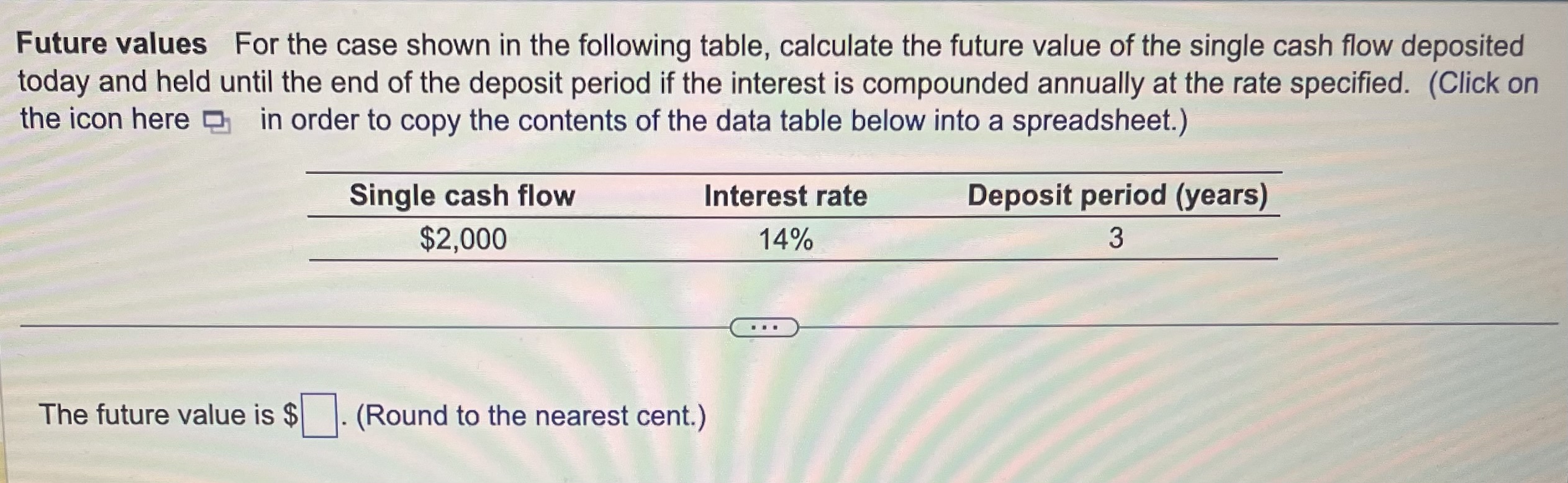 Future values For the case shown in the following table, calculate