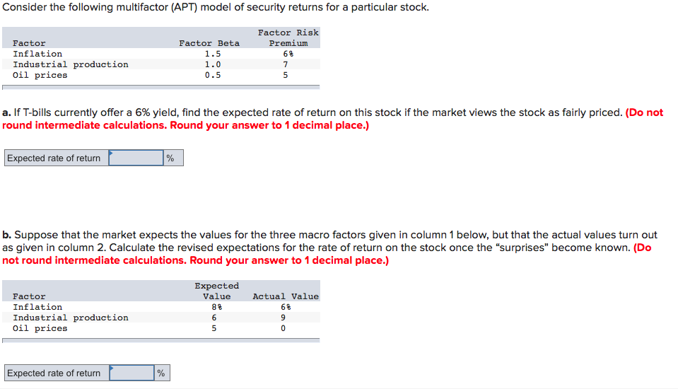 Consider the following multifactor (APT) model of security returns for a