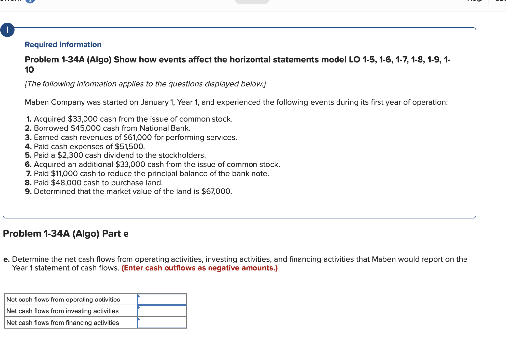 Required information Problem 1-34A (Algo) Show how events affect the horizontal