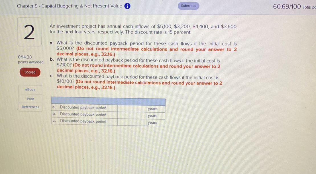  Chapter 9 - Capital Budgeting & Net Present Value Submitted 60.69/100