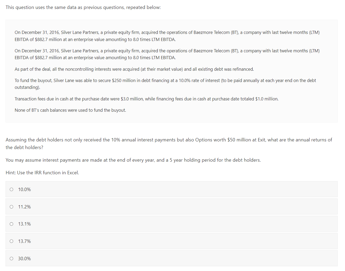  This question uses the same data as previous questions, repeated below: