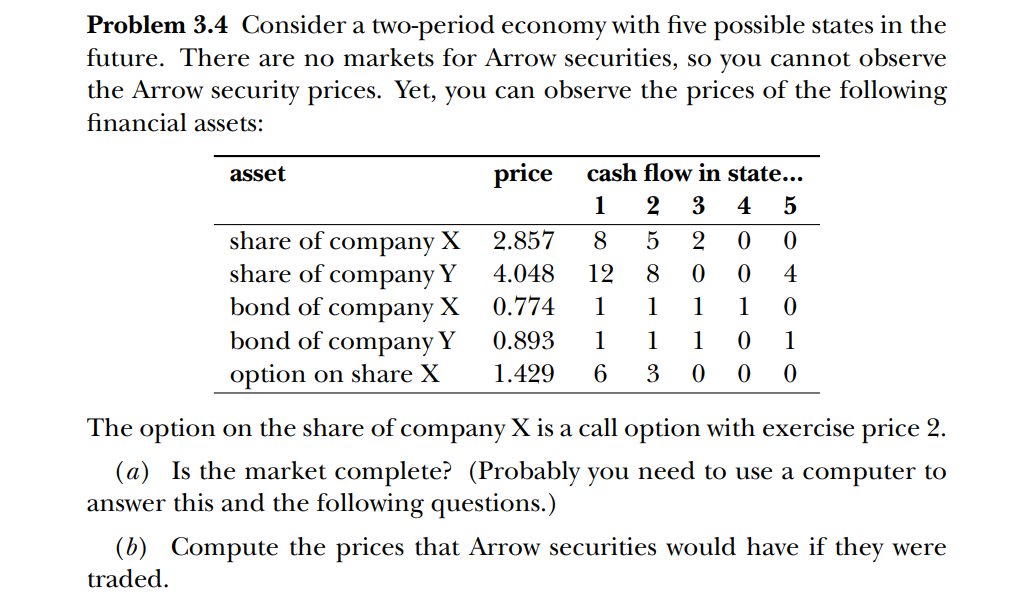 Only question (b) Problem 3.4 Consider a two-period economy with five possible