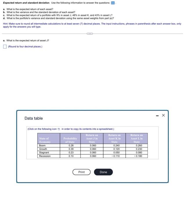 Expected return and standard deviation. Use the following information to answer