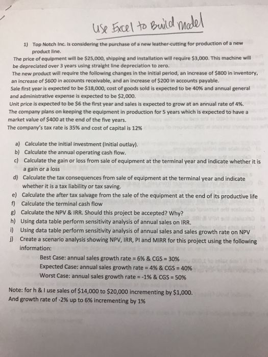  use Ecel to Buld mde Top Notch Inc. Is considering the