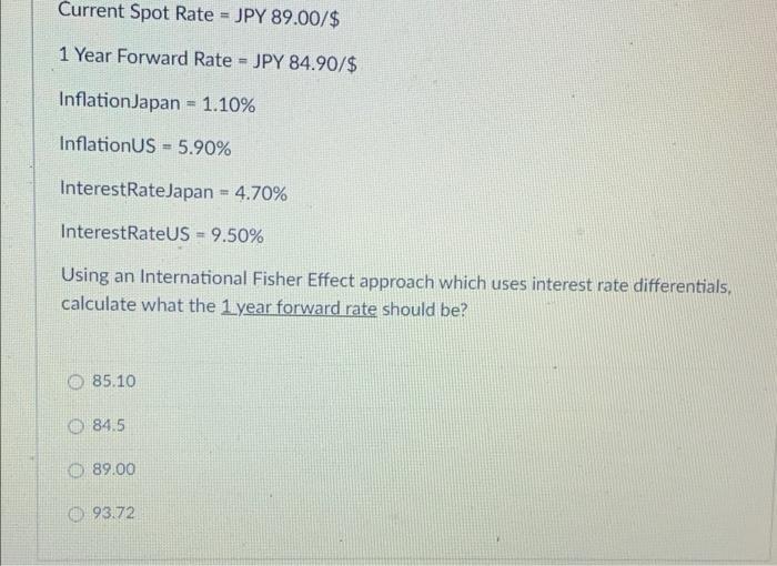  Current Spot Rate = JPY 89.00/$ 1 Year Forward Rate =