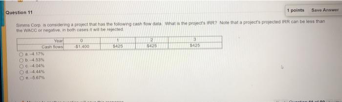11 Question 11 1 points Save Answer Simms Corp. is considering a