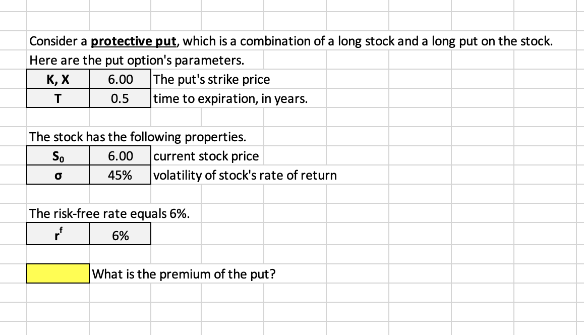 How to do with excel formulas Consider a protective put, which is