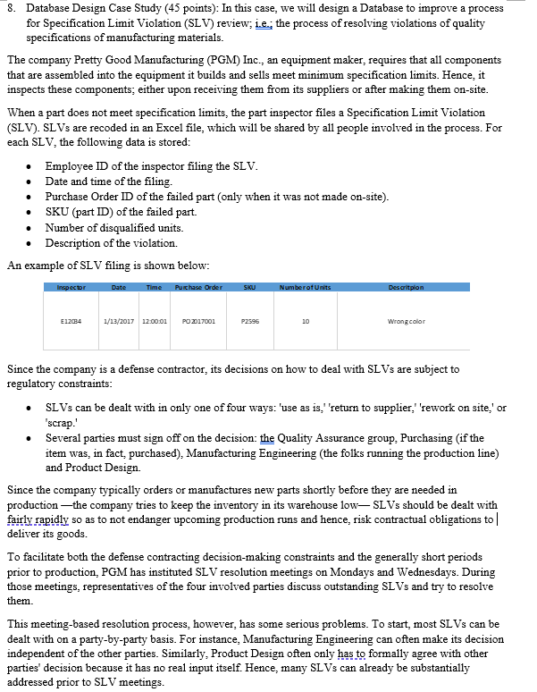  8. Database Design Case Study (45 points): In this case, we