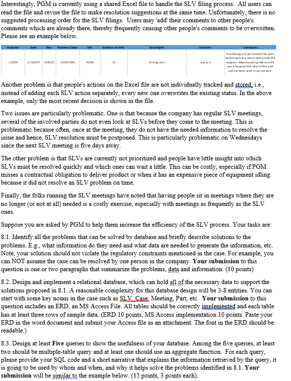 will design a Database to improve a process for Specification Limit Violation