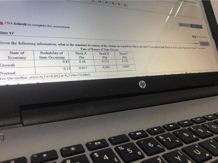  Click Submit to complete this assessment. tion 17 Given the following