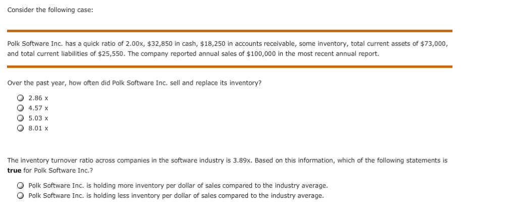  Consider the following case: Polk Software Inc. has a quick ratio