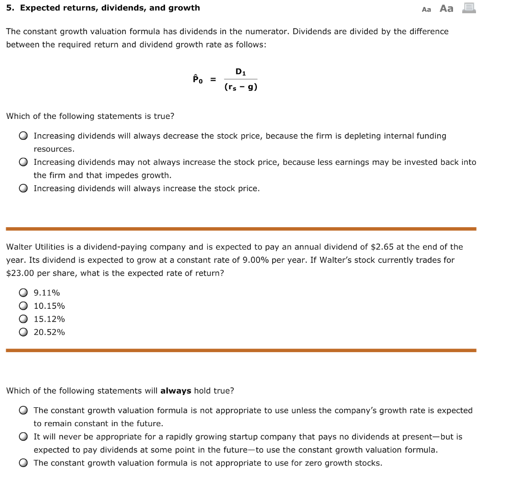  5. Expected returns, dividends, and growth Aa Aa E The constant