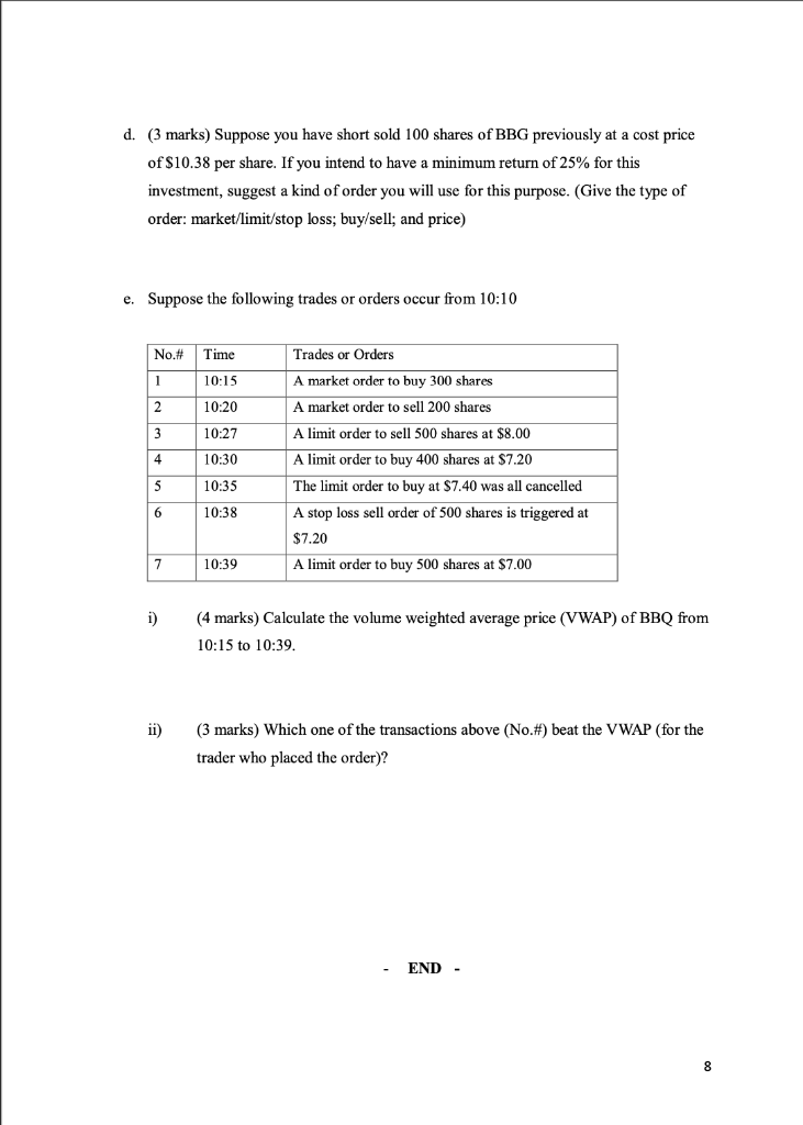 the below limit order book for the stock BBQ. BID ASK Price