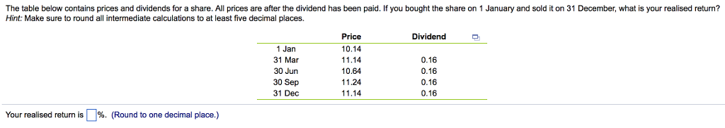 The table below contains prices and dividends for a share. All