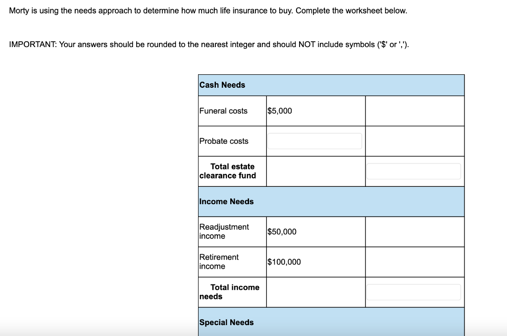  Morty is using the needs approach to determine how much life