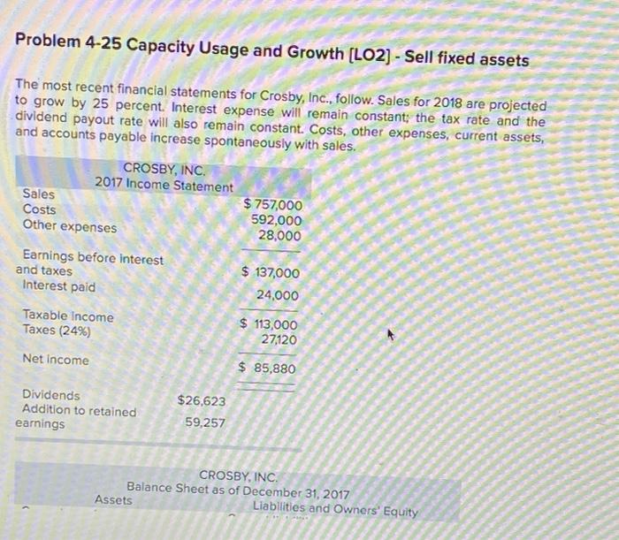  Problem 4-25 Capacity Usage and Growth [LO2) - Sell fixed assets
