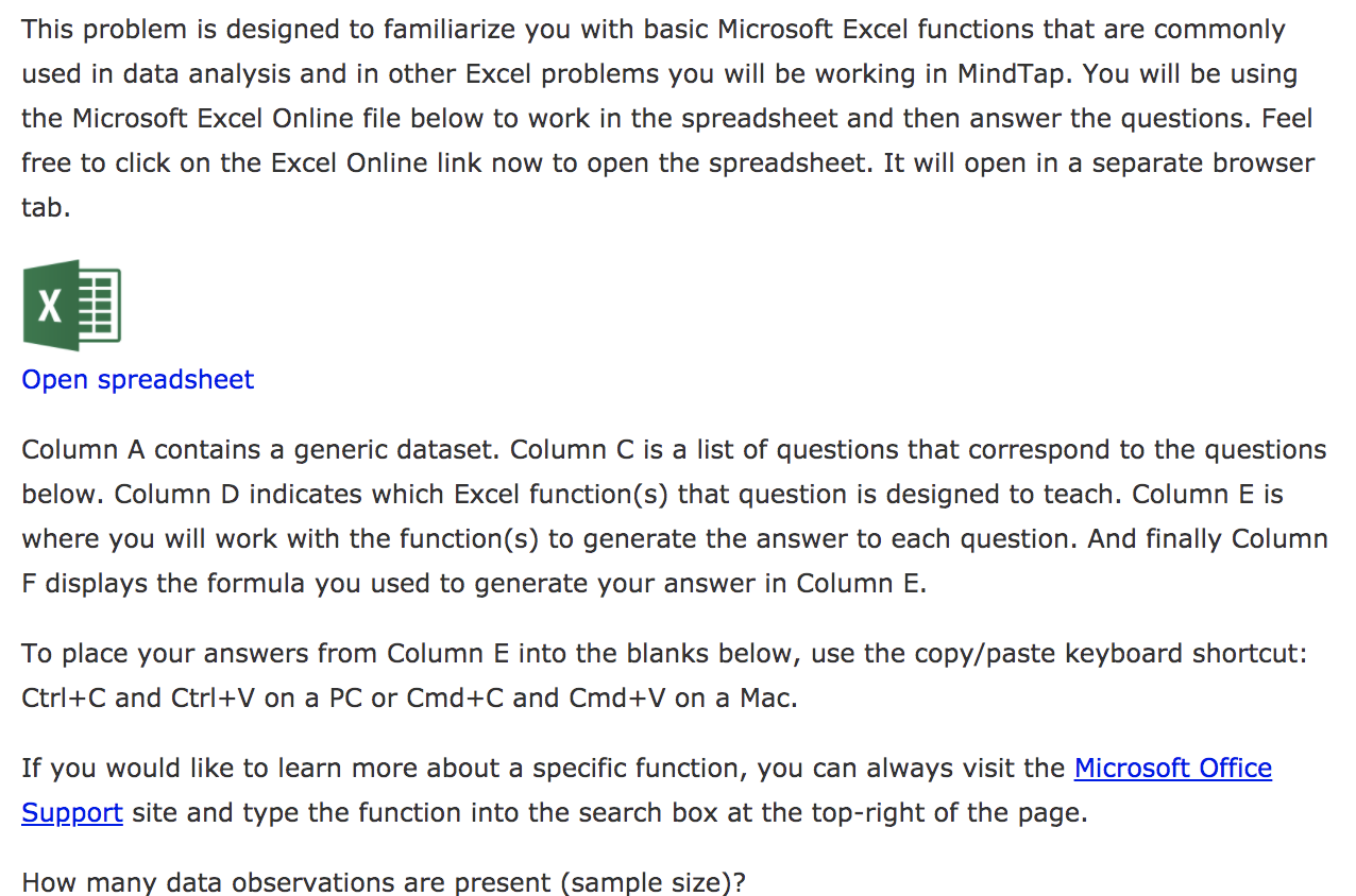  This problem is designed to familiarize you with basic Microsoft Excel