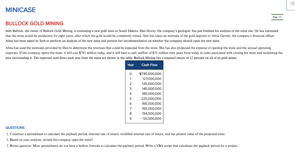 Questions 1. 1. Construct a spreadsheet to calculate the payback period, internal