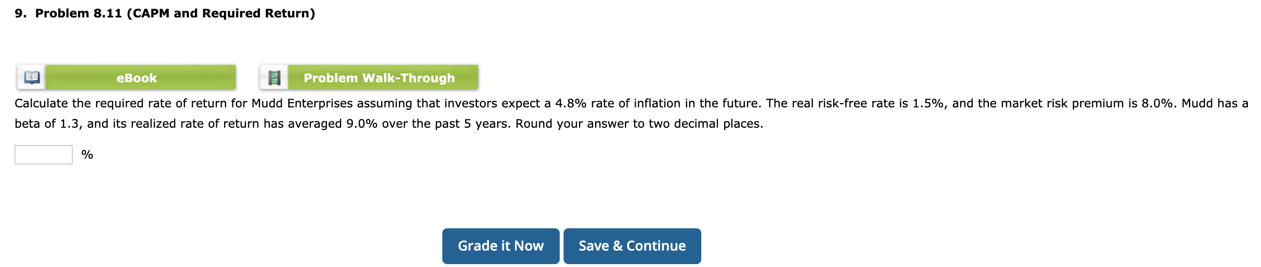 undefined 9. Problem 8.11 (CAPM and Required Return) eBook Problem Walk-Through Calculate