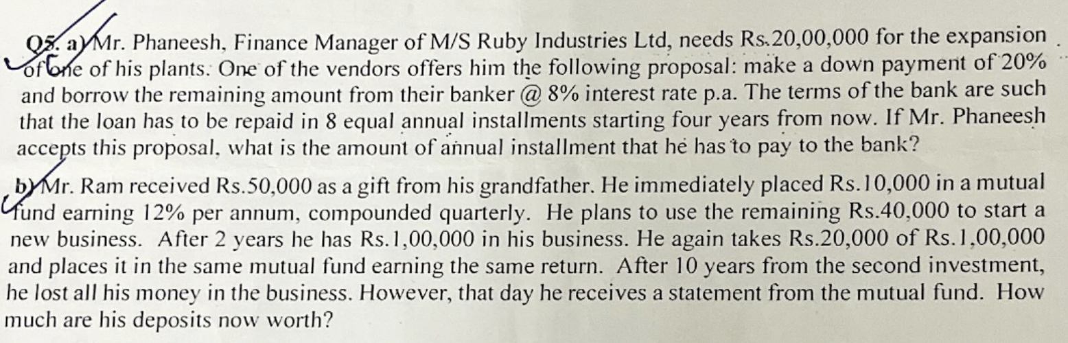  Q5. a) Mr. Phaneesh, Finance Manager of M/S Ruby Industries Ltd,