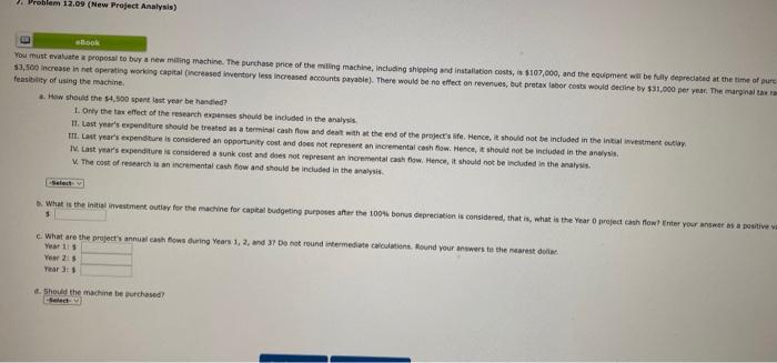  1. Problem 12.09 (New Project Analysis) ook You must evaluate a