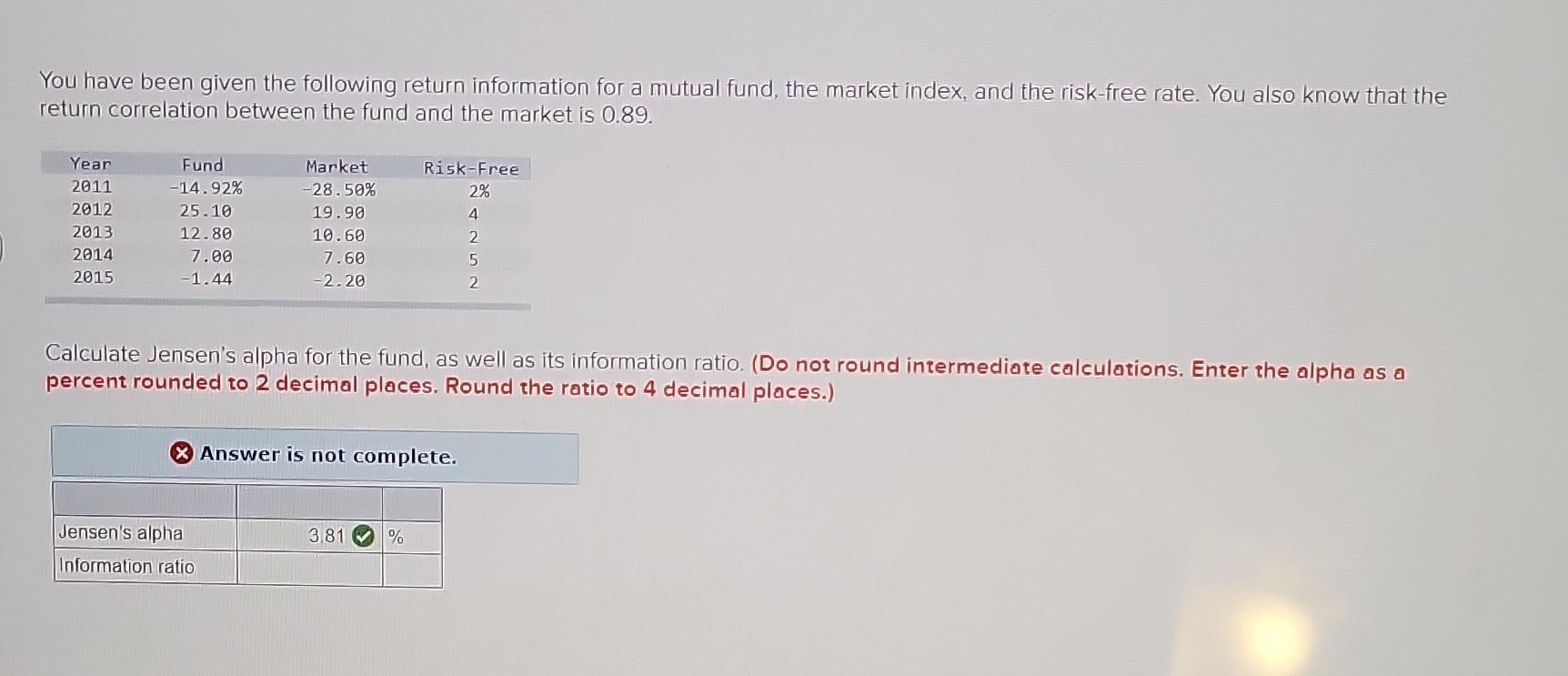  You have been given the following return information for a mutual