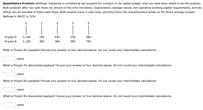 Quantitative Problem: Bellinger Industries is considering two projects for inclusion in