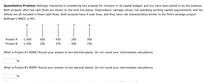  Quantitative Problem: Bellinger Industries is considering two projects for inclusion in