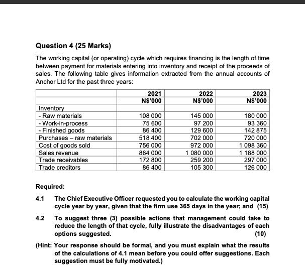 Question 4 (25 Marks) The working capital (or operating) cycle which