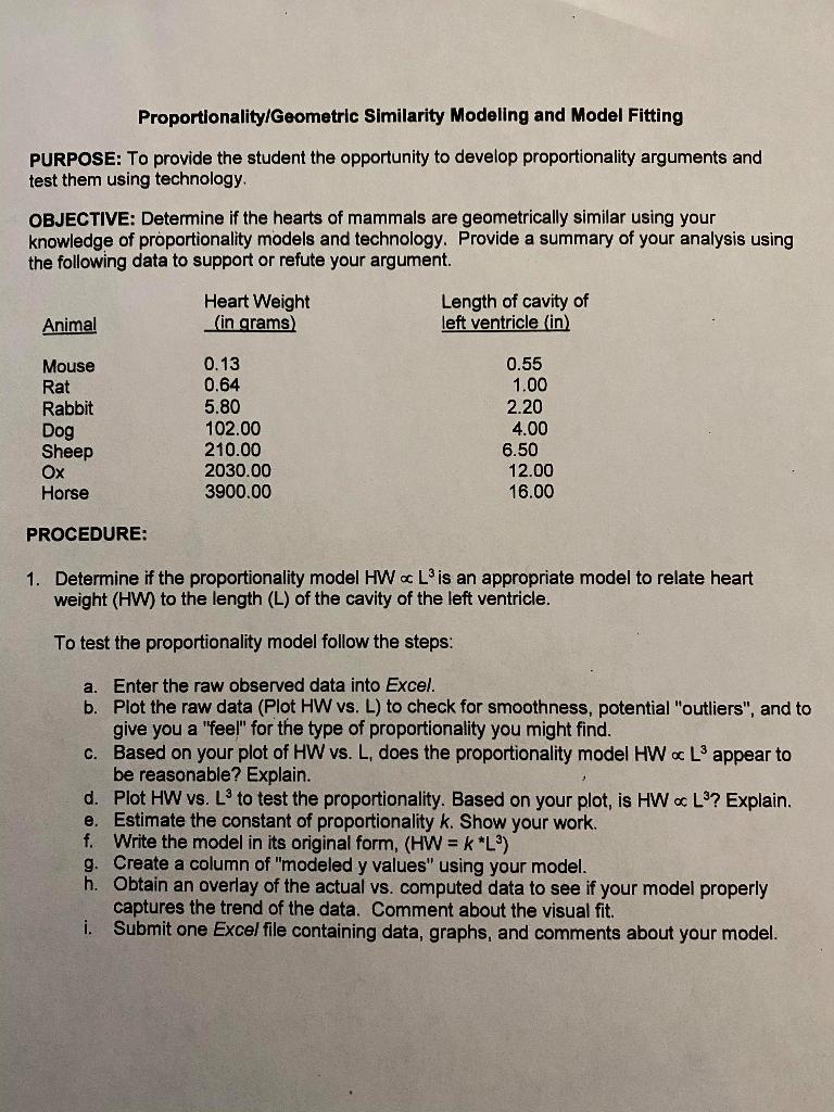 Mathematical Modeling and Data Analysis Proportionality/Geometric Similarity Modeling and Model Fitting