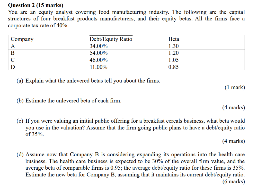 Question 2 (15 marks) You are an equity analyst covering food
