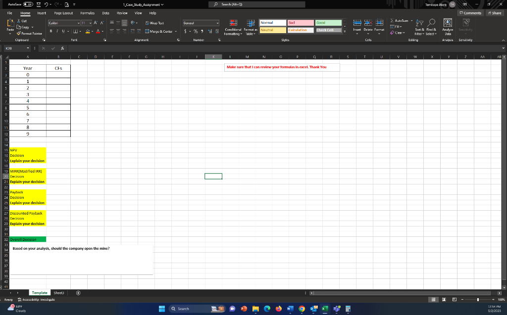 THE QUESTION!! Construct SPREADSHEET!! BULLOCK GOLD MINING anwing 20 sercknt required retum