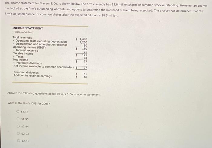  The income statement for Travers & Co. is shown below. The