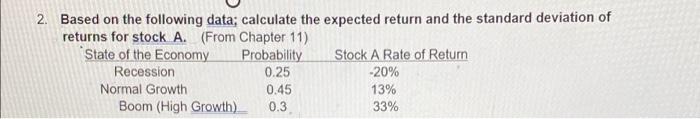  2. Based on the following data; calculate the expected return and
