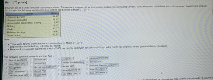  Part 1 [70 points) Binaniumino is a small computer consulting business.